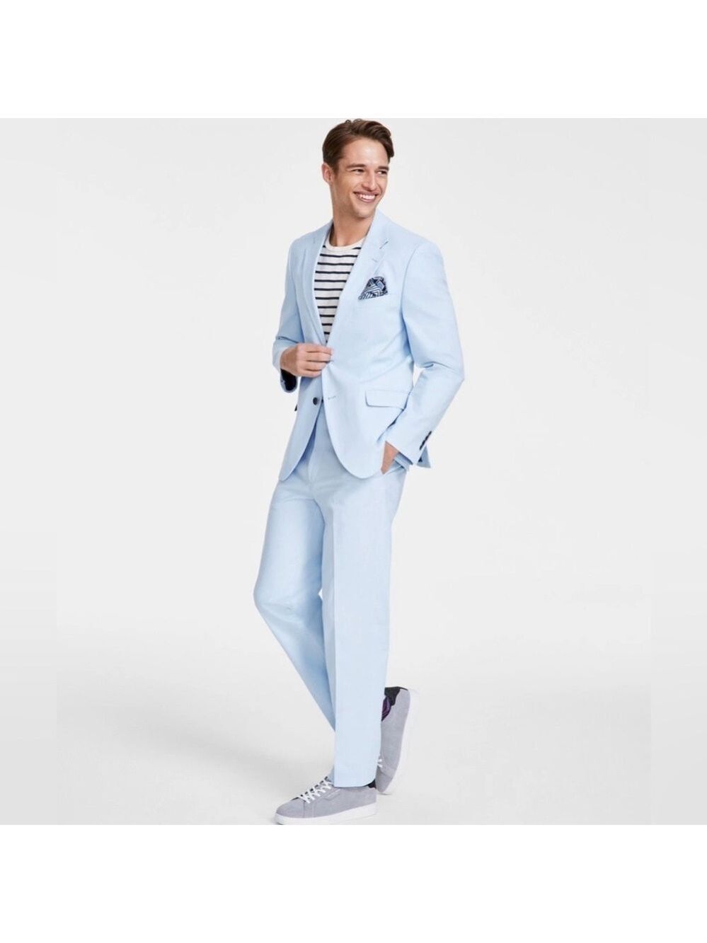 Nautica Mens Modern Fit Cotton Sky Blue Solid Stretch Jacket Pants 2 Piece Suit
